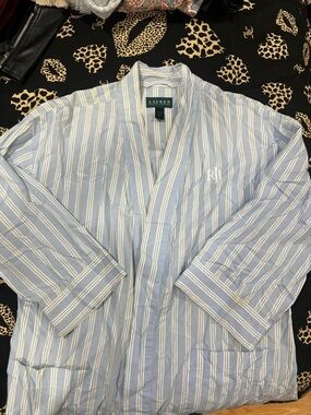 Lauren Ralph Lauren Light Blue and White Striped Cotton Robe